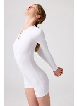 Los Ojos x Melodi White Ribbed Long Sleeve Short Jumpsuit Romper  - Image 5