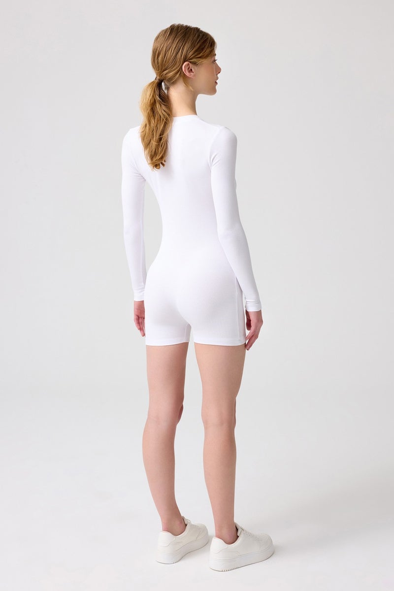 Los Ojos x Melodi White Ribbed Long Sleeve Short Jumpsuit Romper  - Image 3