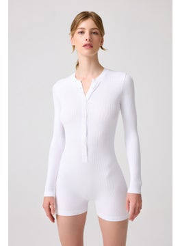 Los Ojos x Melodi White Ribbed Long Sleeve Short Jumpsuit Romper  - Image 1
