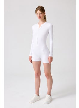 Los Ojos x Melodi White Ribbed Long Sleeve Short Jumpsuit Romper  - Image 2