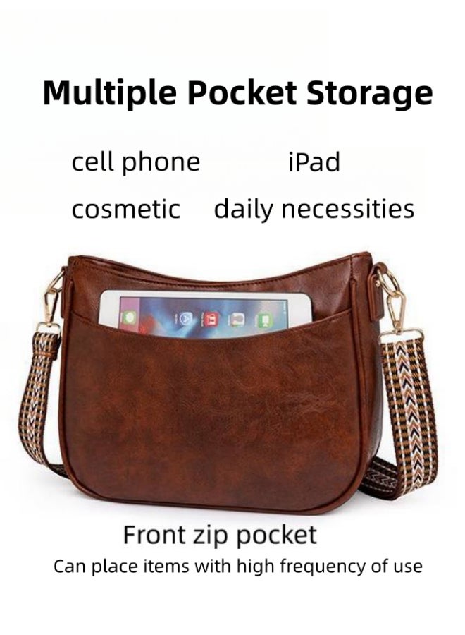Women's Large Capacity Crossbody Bag, Ladies Adjustable Strap Hobo Bag Shoulder Bag Side Bag College Bag Tourist Bag, Retro PU Leather Hand Bag Satchel Bags for Girls/College Students(Brown) - Image 4