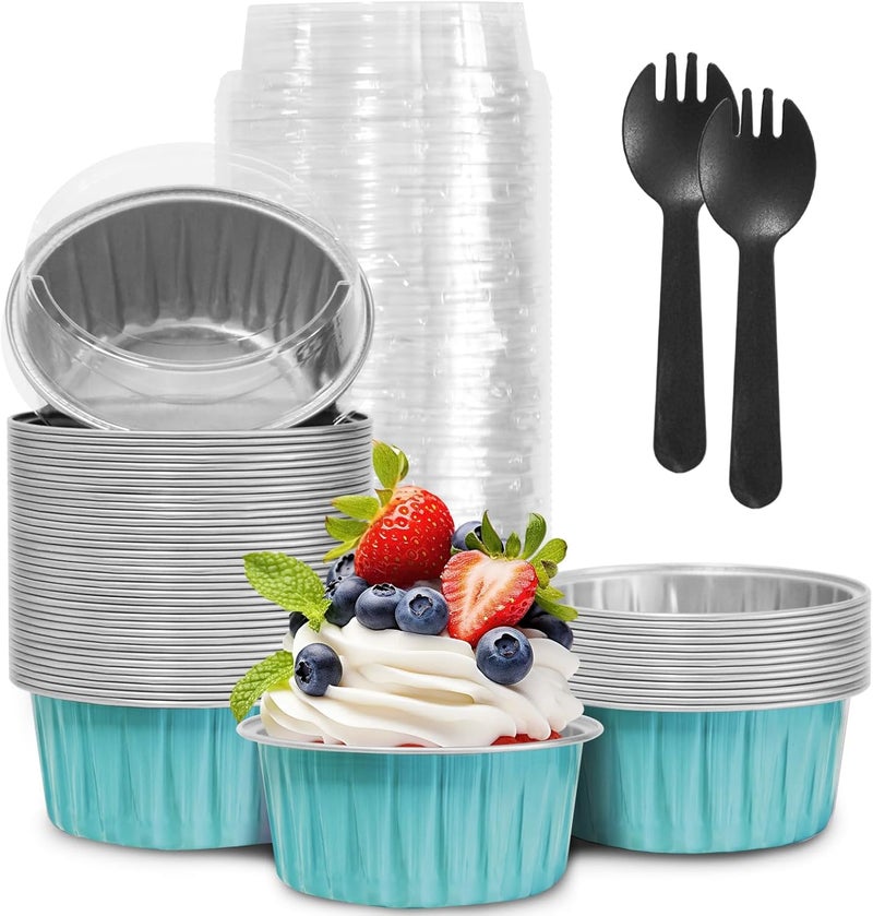 YOIYINI 50Pcs Mini Aluminum Foil Cupcake,5oz Baking Cups with Lids,Mini Cake Pans Disposable,Loaf Pans with Lids,Disposable Ramekins,Tin Cups Containers for Cupcake,Pudding,Muffin,Cheesecake (Light Blue) - Image 1