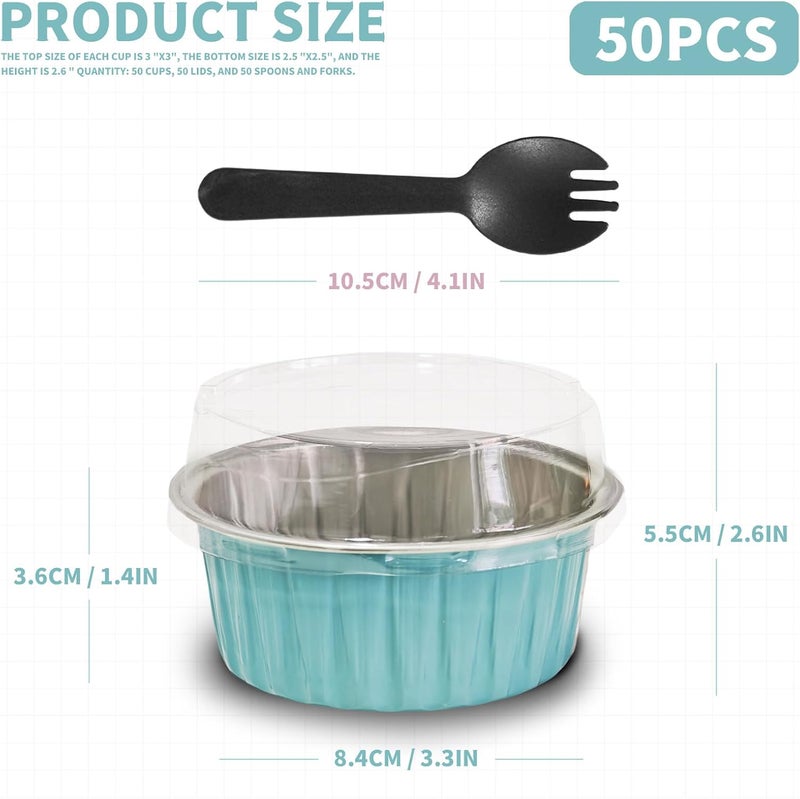 YOIYINI 50Pcs Mini Aluminum Foil Cupcake,5oz Baking Cups with Lids,Mini Cake Pans Disposable,Loaf Pans with Lids,Disposable Ramekins,Tin Cups Containers for Cupcake,Pudding,Muffin,Cheesecake (Light Blue) - Image 2