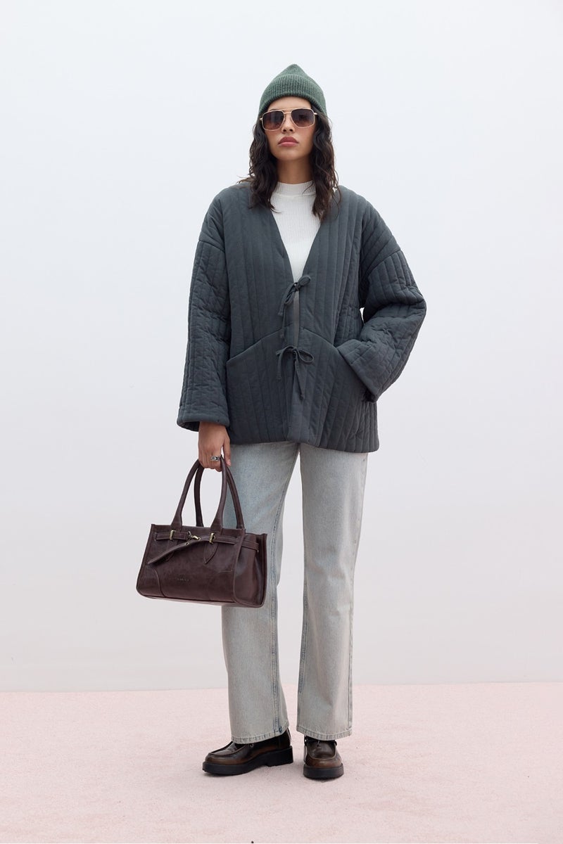 Manuka Quilted Tie Coat Anthracite  - Image 1