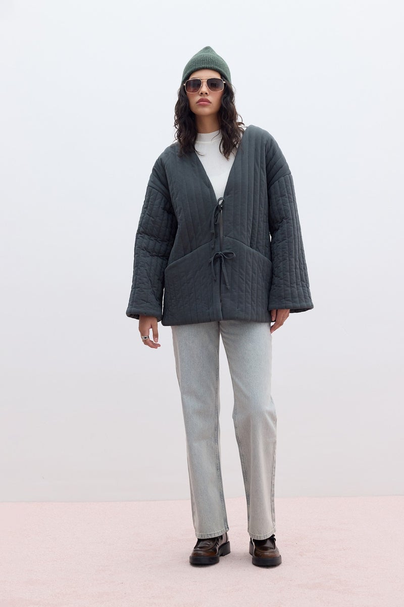 Manuka Quilted Tie Coat Anthracite  - Image 5