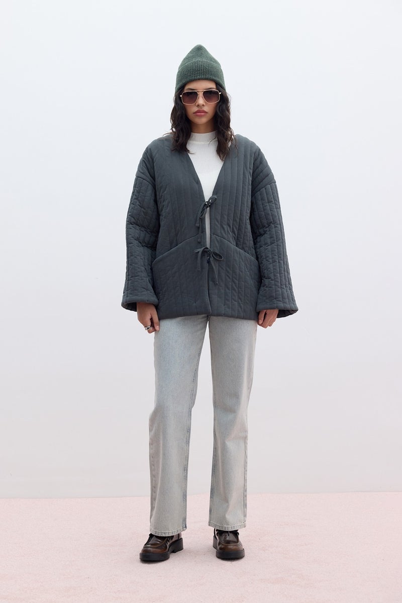 Manuka Quilted Tie Coat Anthracite  - Image 3