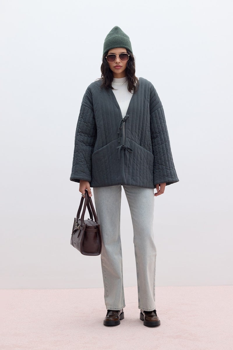Manuka Quilted Tie Coat Anthracite  - Image 2
