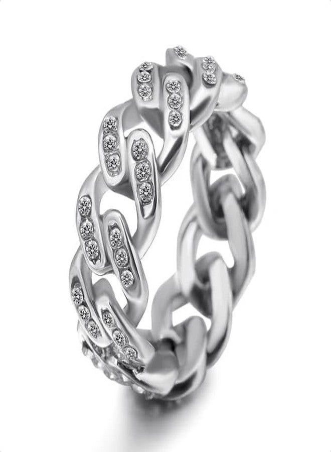 VIEN Round Cut White Cubic Zirconia Curb Chain Style Unisex Band Ring Stainless Steel Silver Plated Ring (19) - Image 1