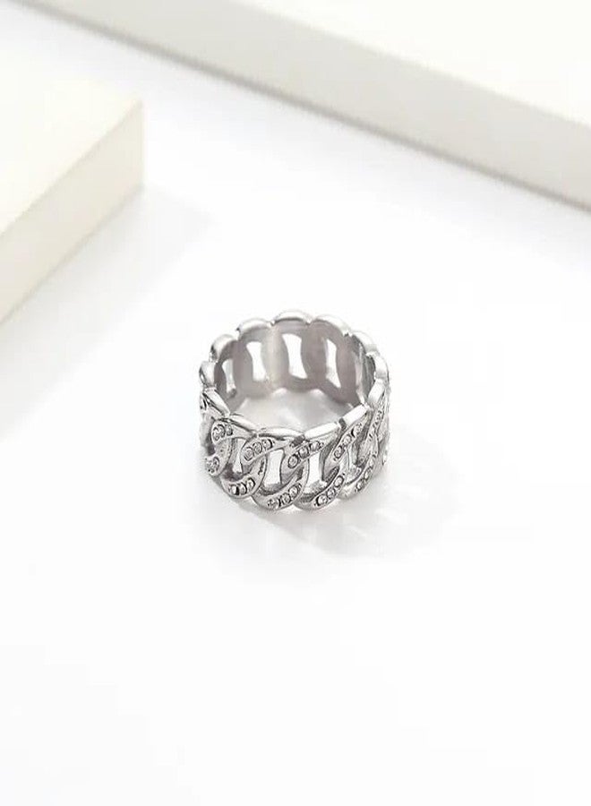 VIEN Round Cut White Cubic Zirconia Curb Chain Style Unisex Band Ring Stainless Steel Silver Plated Ring (19) - Image 4