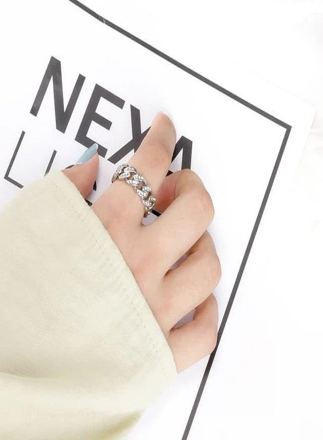 VIEN Round Cut White Cubic Zirconia Curb Chain Style Unisex Band Ring Stainless Steel Silver Plated Ring (19) - Image 2