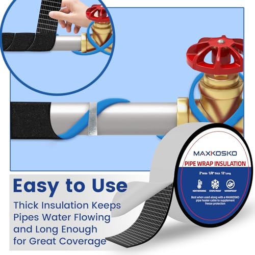 MAXKOSKO Pipe Insulation Tape, 13 Ft x 2 in Outdoor Water Pipe Wrap Insulation Roll, Foam Insulated Wrap Self-Adhesive for Pipe Freeze Protection, Heat Tape for Water Pipes, Copper PVC AC Line - Image 5