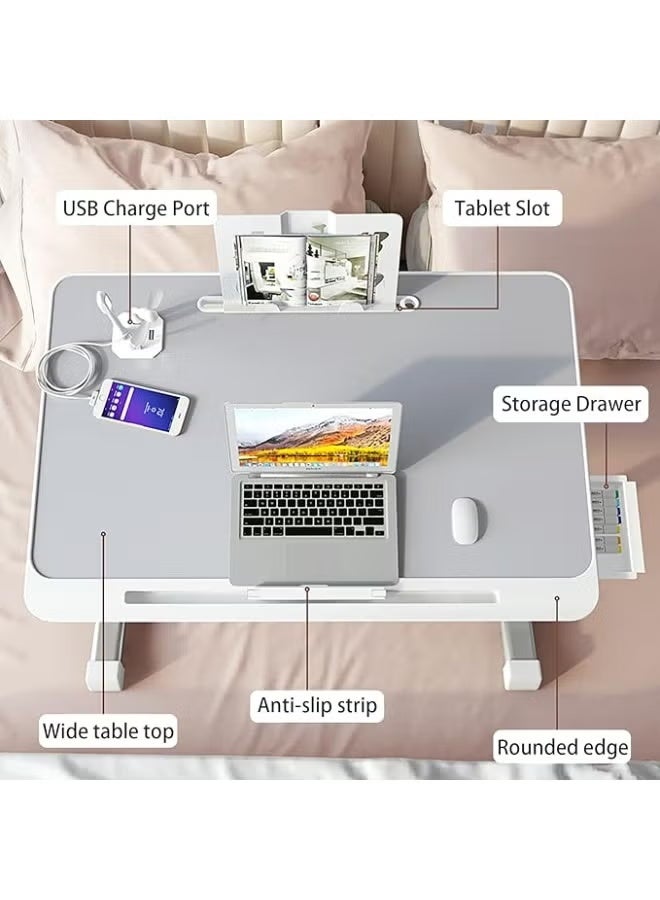 Adjustable Laptop Bed Table with USB Charging Ports, Foldable Laptop Desk with Storage Drawer and Tablet Slot for Bed, Sofa, Writing and Work - Image 3