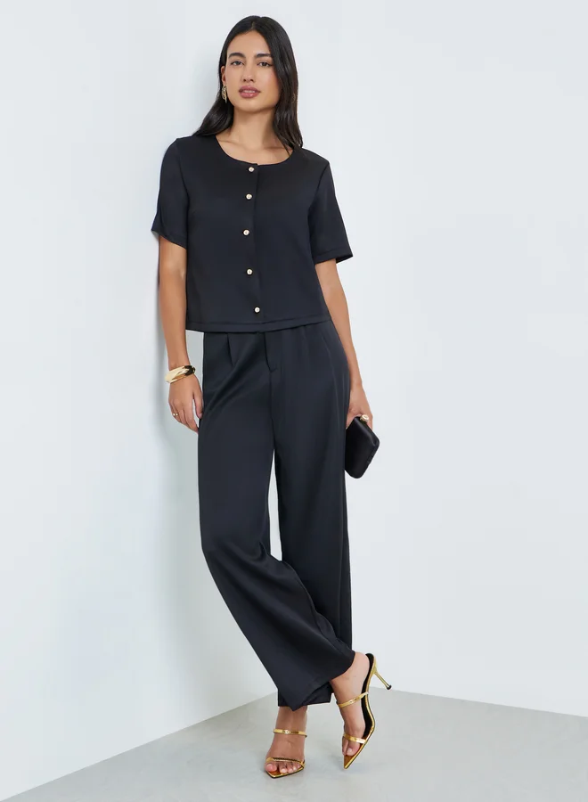 Black Short Sleeve Buttoned Top with Pants Co-Ords