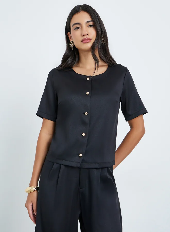 ستايلي Black Short Sleeve Buttoned Top with Pants Co-Ords