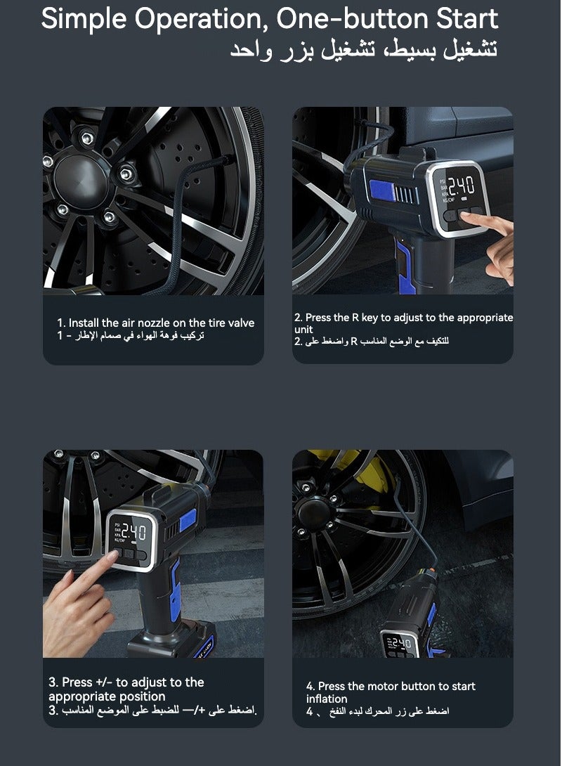 Huake Handheld Air Pump, Portable Car Tyre Auto Inflatable Pump, 160PSI Digital Pressure Detection, LED Lights Lighting Air Pump for Inflating Cars, Motorbikes, Bikes