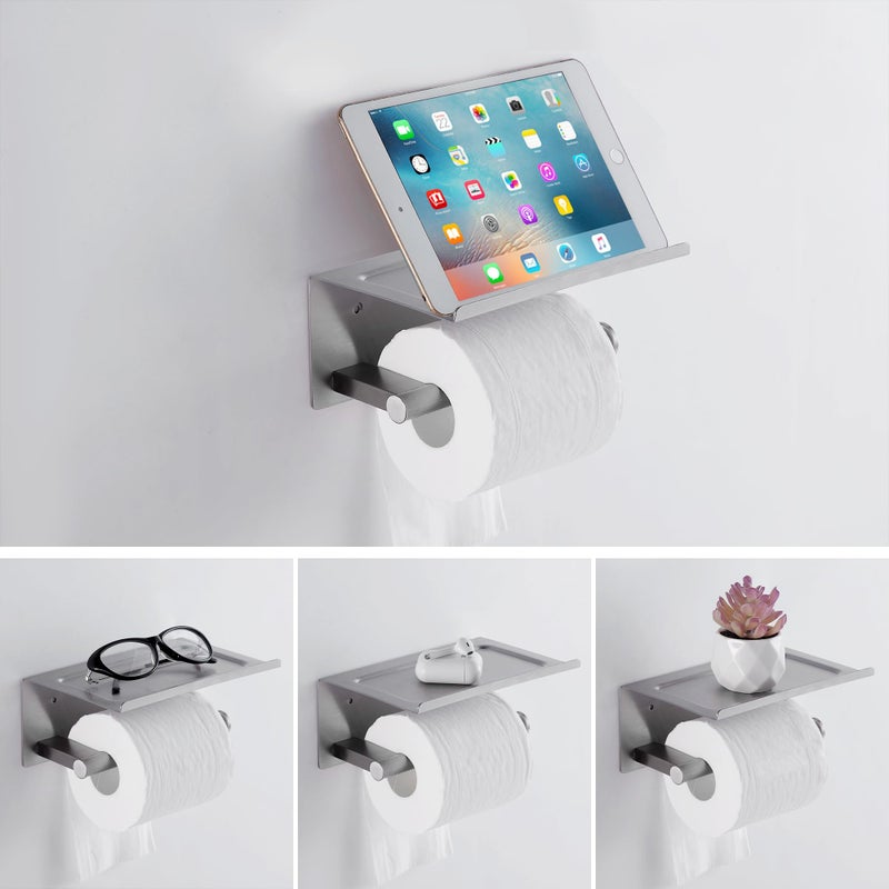 FOMANSH Toilet Paper Holder with Shelf  Wall Mounted Adhesive Holder for Bathroom  Tissue Roll Holder with Phone Storage Shelf  Brushed Stainless Steel Holder with Screws - Image 3