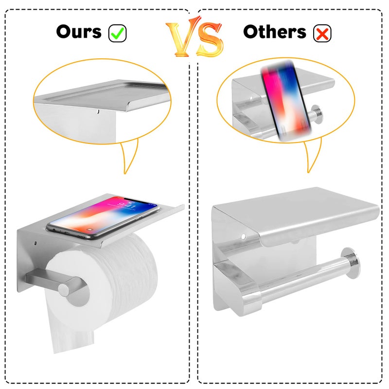 FOMANSH Toilet Paper Holder with Shelf  Wall Mounted Adhesive Holder for Bathroom  Tissue Roll Holder with Phone Storage Shelf  Brushed Stainless Steel Holder with Screws - Image 4