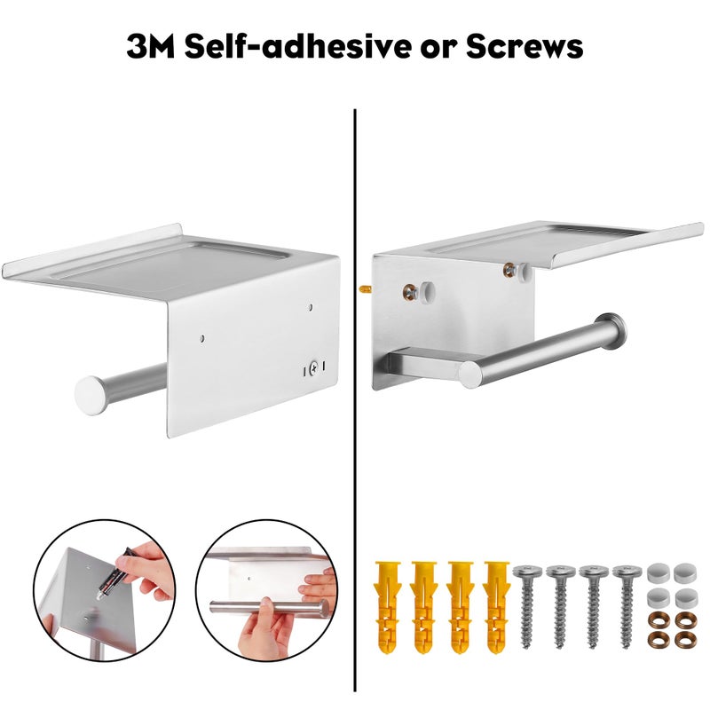 FOMANSH Toilet Paper Holder with Shelf  Wall Mounted Adhesive Holder for Bathroom  Tissue Roll Holder with Phone Storage Shelf  Brushed Stainless Steel Holder with Screws - Image 5