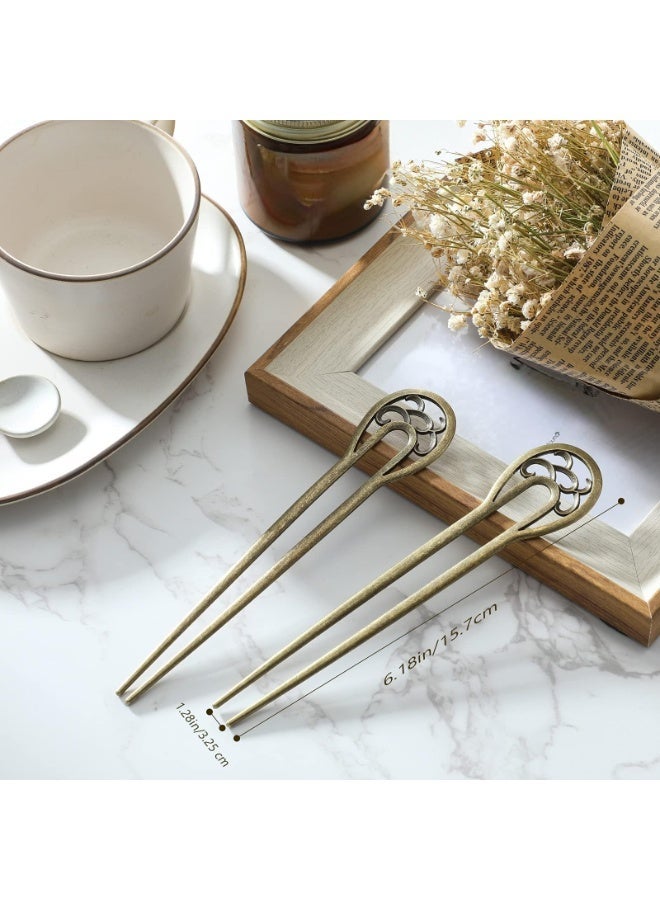 2 Pcs Bronze U Shaped Hair Forks, 6.1 Inch 2 Prong Vintage Metal Hair Sticks, French Bun Chignon Pin for Women Updo Hairstyle Accessories - Image 3
