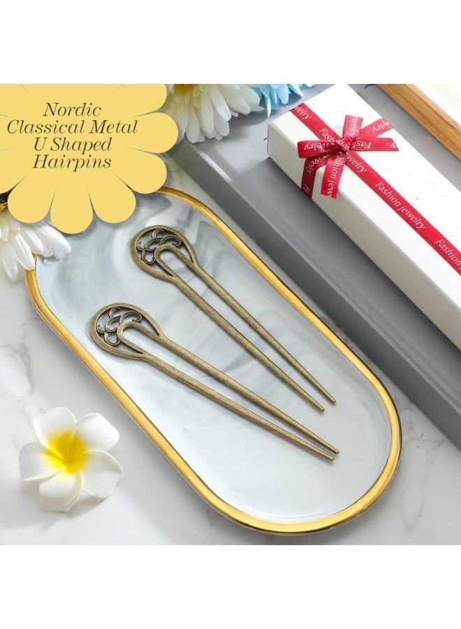 2 Pcs Bronze U Shaped Hair Forks, 6.1 Inch 2 Prong Vintage Metal Hair Sticks, French Bun Chignon Pin for Women Updo Hairstyle Accessories - Image 4