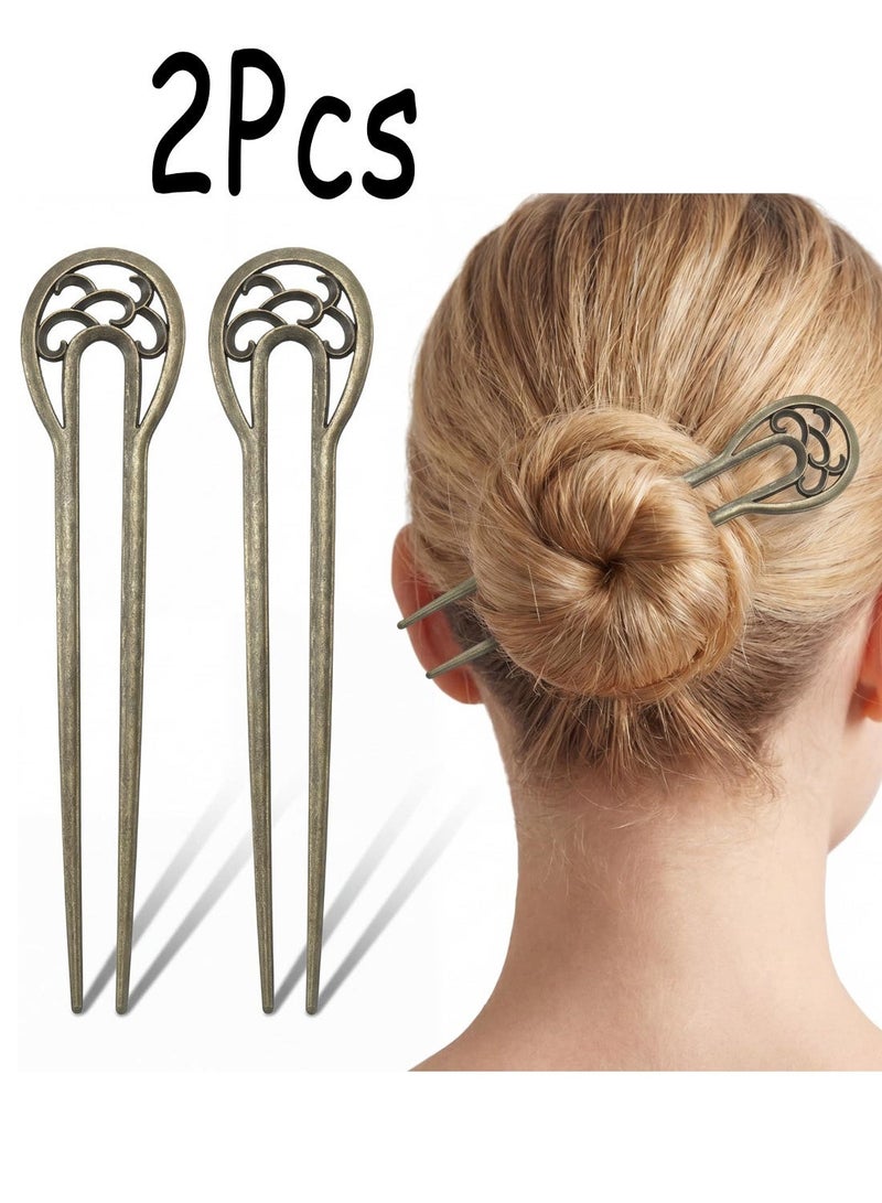 2 Pcs Bronze U Shaped Hair Forks, 6.1 Inch 2 Prong Vintage Metal Hair Sticks, French Bun Chignon Pin for Women Updo Hairstyle Accessories - Image 1