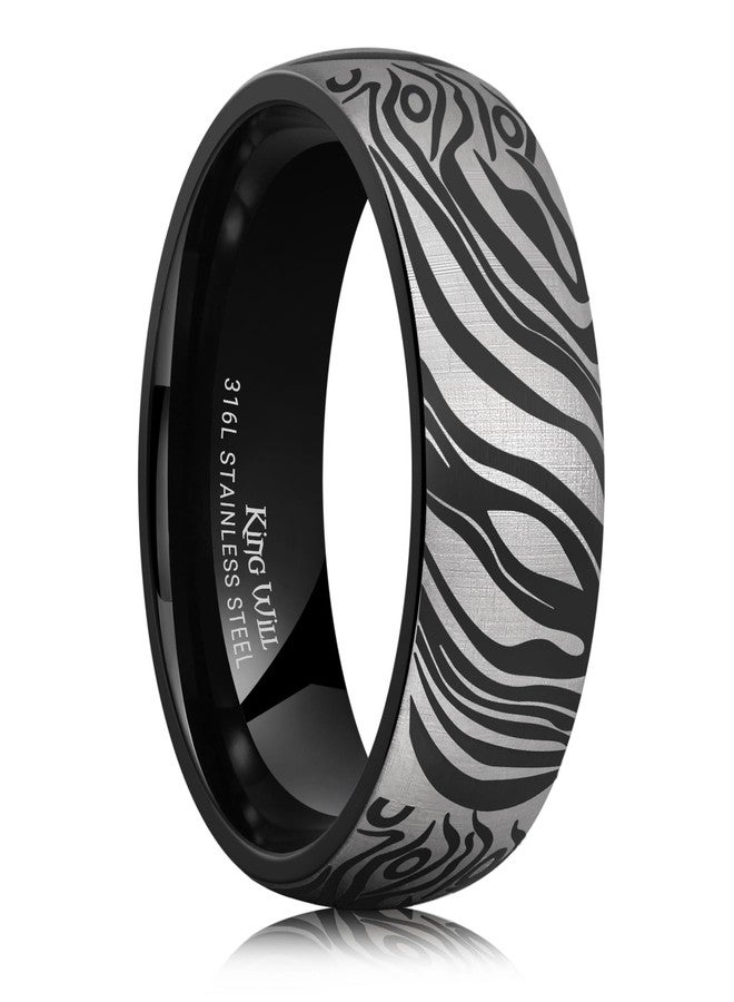 King Will Men's Stainless Steel Wedding Band - 8mm Black Promise Ring with Laser Zebra Pattern, Unique Black Stainless Steel Wedding Band Ring for Men Comfort Fit Size 10 - Image 1