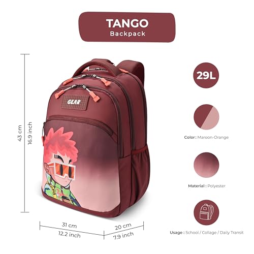 Gear Tango Backpack 17"/29L Medium Water Resistant School Bag/Casual Backpack/Daypack/Kids Bag for Boys/Girls (Maroon-Orange) - Image 2