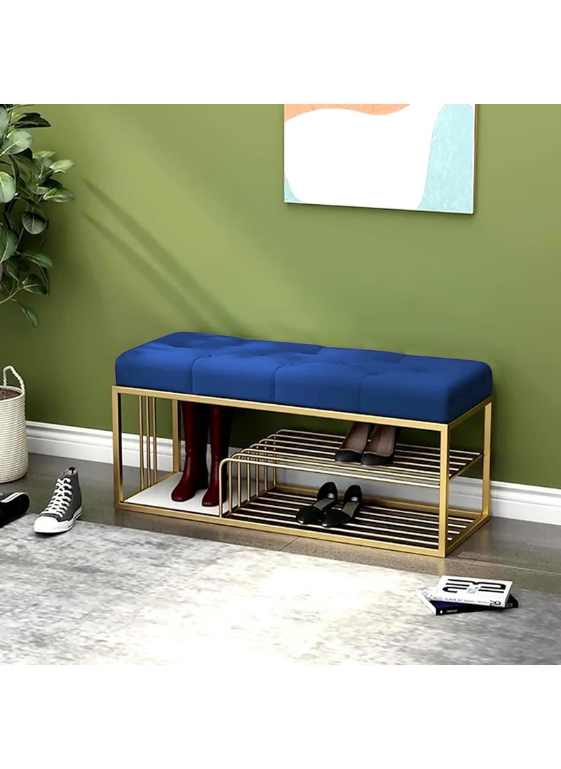 WooDinto WooDinto Bench with Storage and Velvet Upholstery for The Entryway Sleeping Bench Ottoman Sofa Footstool Bed End Table Settee with Storage for Living Area and Bedroom Blue Golden  - Image 1