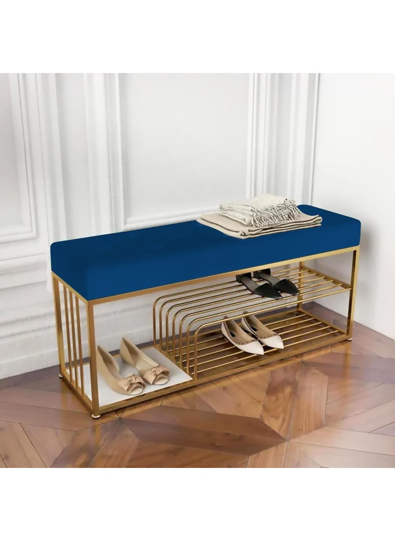 WooDinto WooDinto Bench with Storage and Velvet Upholstery for The Entryway Sleeping Bench Ottoman Sofa Footstool Bed End Table Settee with Storage for Living Area and Bedroom Blue Golden  - Image 3