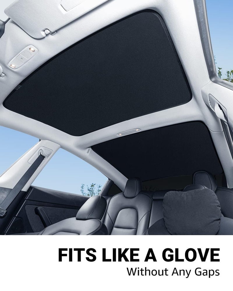 Basenor شمسية زجاج السقف لبازينور تسلا موديل 3 2021–2023، [بدون فجوات وبدون انحناء] شمسية أمامية وخلفية لحجب الحرارة والأشعة فوق البنفسجية مع أغطية عاكسة، إطار قابل للطي، أسود (تصميم خاص) - Image 5