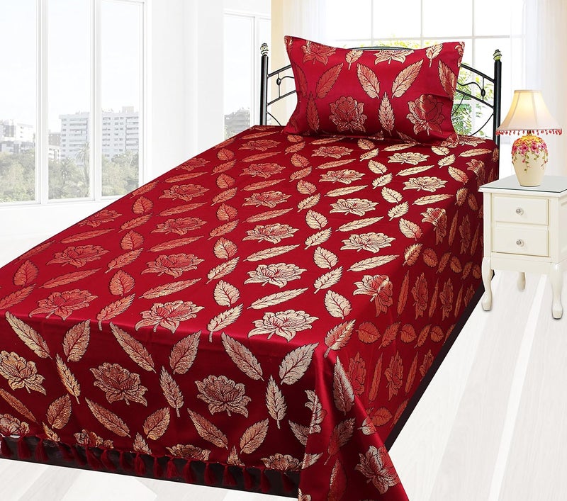 Milan 500 TC Polycotton Single Bedsheet with 1 Pillow Cover Floral Maroon and Gold - Image 2
