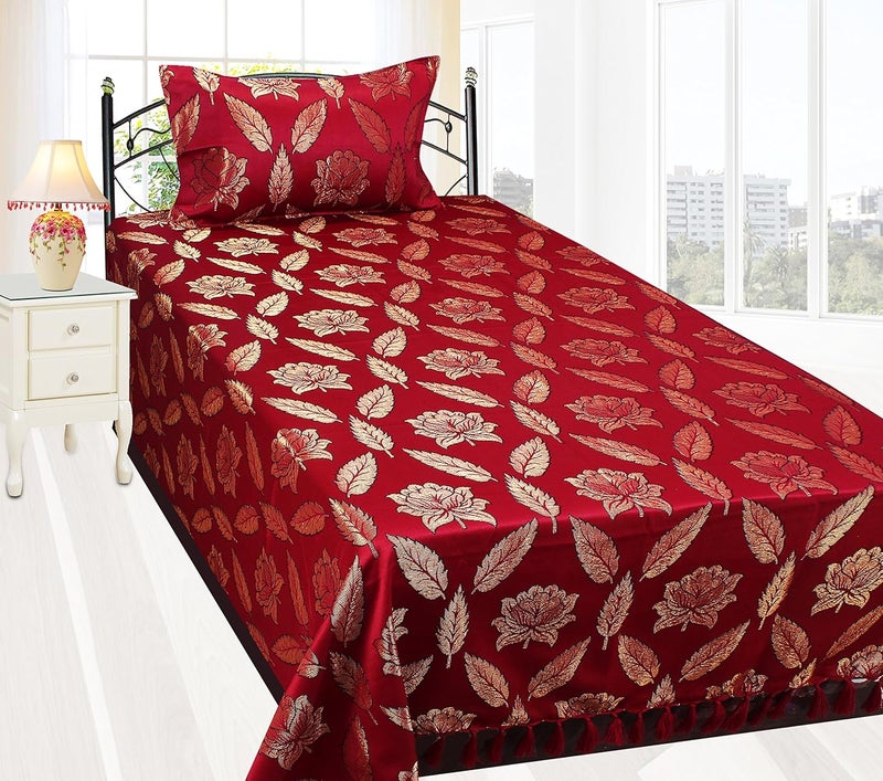 Milan 500 TC Polycotton Single Bedsheet with 1 Pillow Cover Floral Maroon and Gold - Image 1