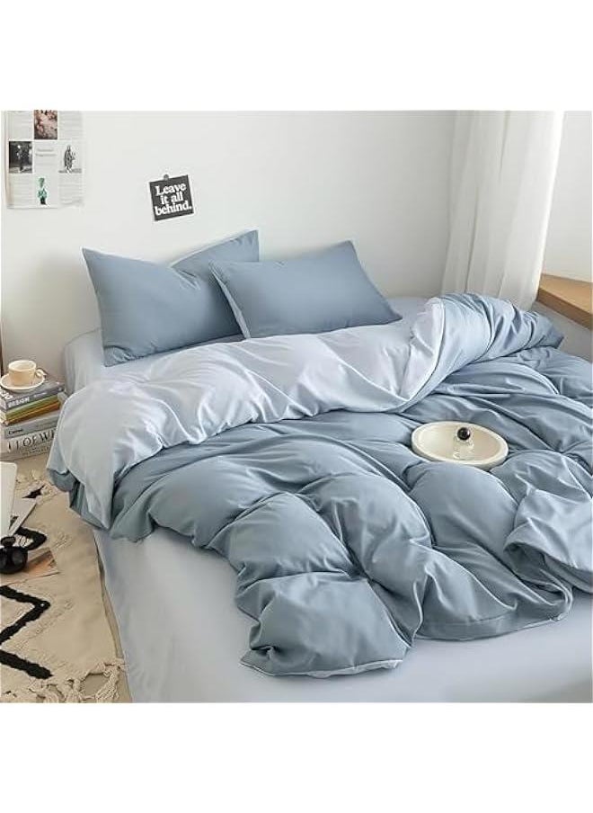 HOOKOR Cotton Duvet Cover Set, 4 Pieces Soft Brushed Microfiber Comforter Cover with Zipper Closure, Include 1 Duvet Cover 1 Flat Sheet and 2 Pillowcase (Haze Blue, 200x230cm)  - Image 1