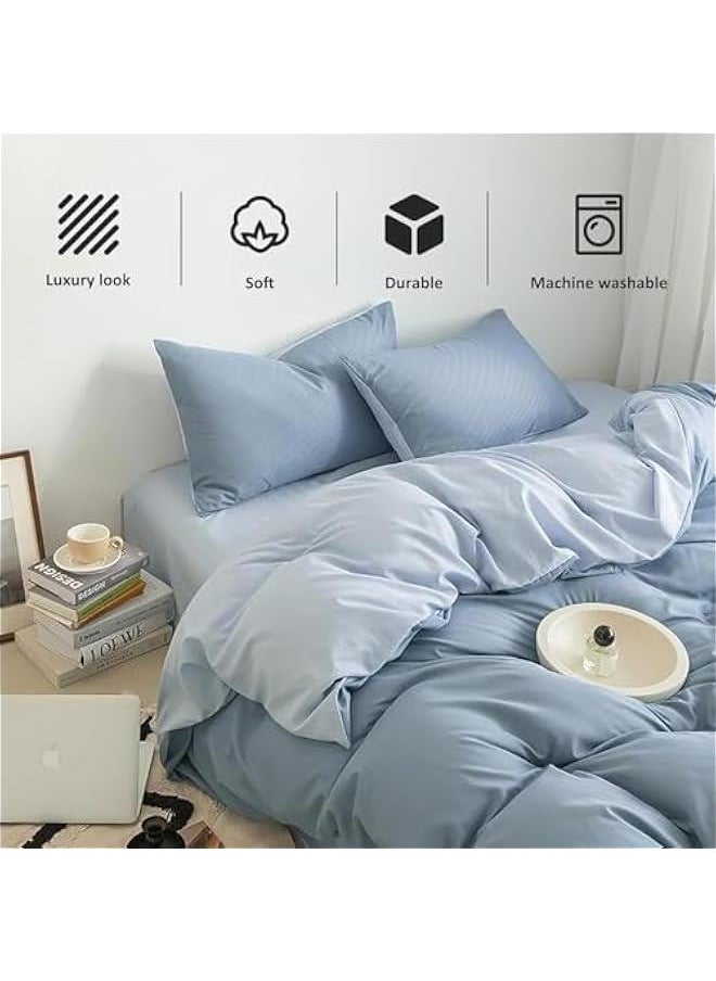 HOOKOR Cotton Duvet Cover Set, 4 Pieces Soft Brushed Microfiber Comforter Cover with Zipper Closure, Include 1 Duvet Cover 1 Flat Sheet and 2 Pillowcase (Haze Blue, 200x230cm)  - Image 2