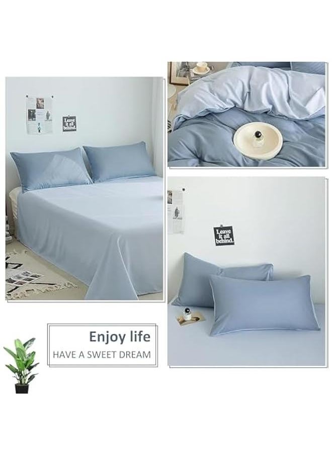 HOOKOR Cotton Duvet Cover Set, 4 Pieces Soft Brushed Microfiber Comforter Cover with Zipper Closure, Include 1 Duvet Cover 1 Flat Sheet and 2 Pillowcase (Haze Blue, 200x230cm)  - Image 3