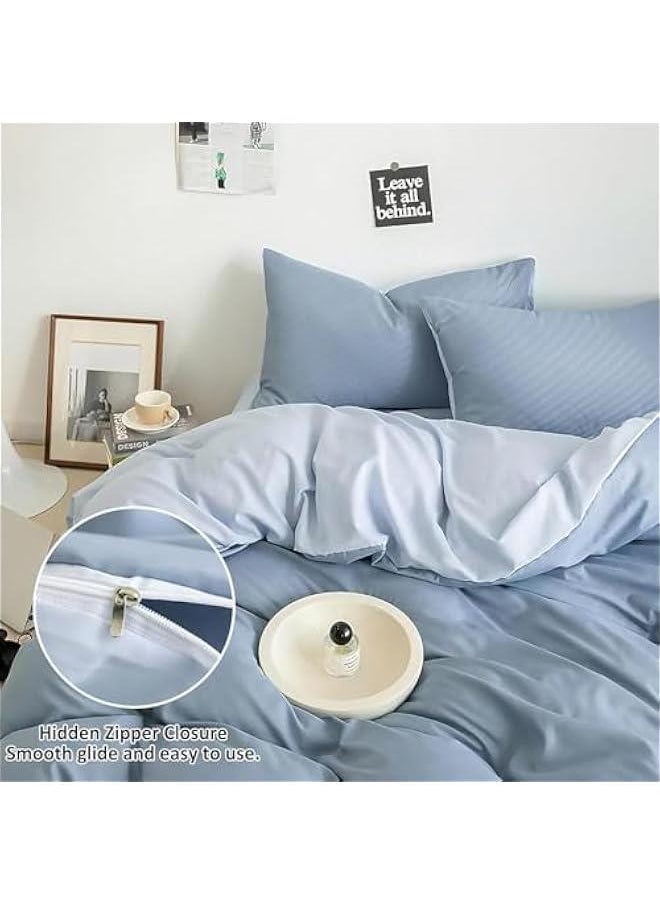 HOOKOR Cotton Duvet Cover Set, 4 Pieces Soft Brushed Microfiber Comforter Cover with Zipper Closure, Include 1 Duvet Cover 1 Flat Sheet and 2 Pillowcase (Haze Blue, 200x230cm)  - Image 4