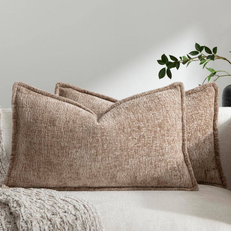 DEZENE Pack of 2 Khaki Decorative Throw Pillow Covers 12x20 Cozy Soft Chenille Accent Vintage Rectangular Lumbar Couch Pillow Covers for Home Decor Bed Sofa Living Room - Image 1