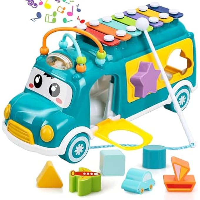 MULTI-FUNCTIONAL BUS WITH XYLOPHONE, SHAPE SORTING, ROLLERS, COUNTING BEADS | PUSH PULL ALONG | MUSICAL SOUND | LEARNING EDUCATIONAL TOY FOR KIDS BOYS GIRLS - Image 2