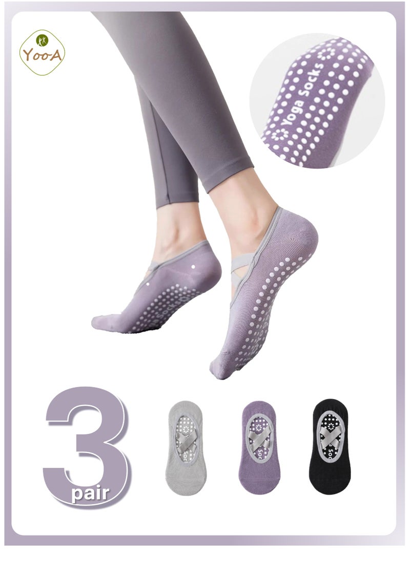 3-Pair Non-slip Yoga Socks, Cotton Pilates Socks with Straps, Breathable&Moisture-wicking&Machine-washable, Ideal for Yoga/Pilates/Ballet/Dance/Workout (Purple+Black+Grey, Fit Size 36-42) - pzsku/Z230C9460E2B3F2772EA3Z/45/_/1725766992/143887b6-c772-4b8f-acf7-0573cf2159fc