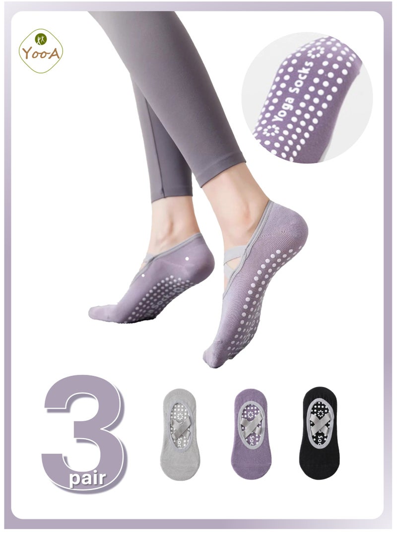 YooA 3-Pair Non-slip Yoga Socks, Cotton Pilates Socks with Straps, Breathable&Moisture-wicking&Machine-washable, Ideal for Yoga/Pilates/Ballet/Dance/Workout (Purple+Black+Grey)  - Image 1