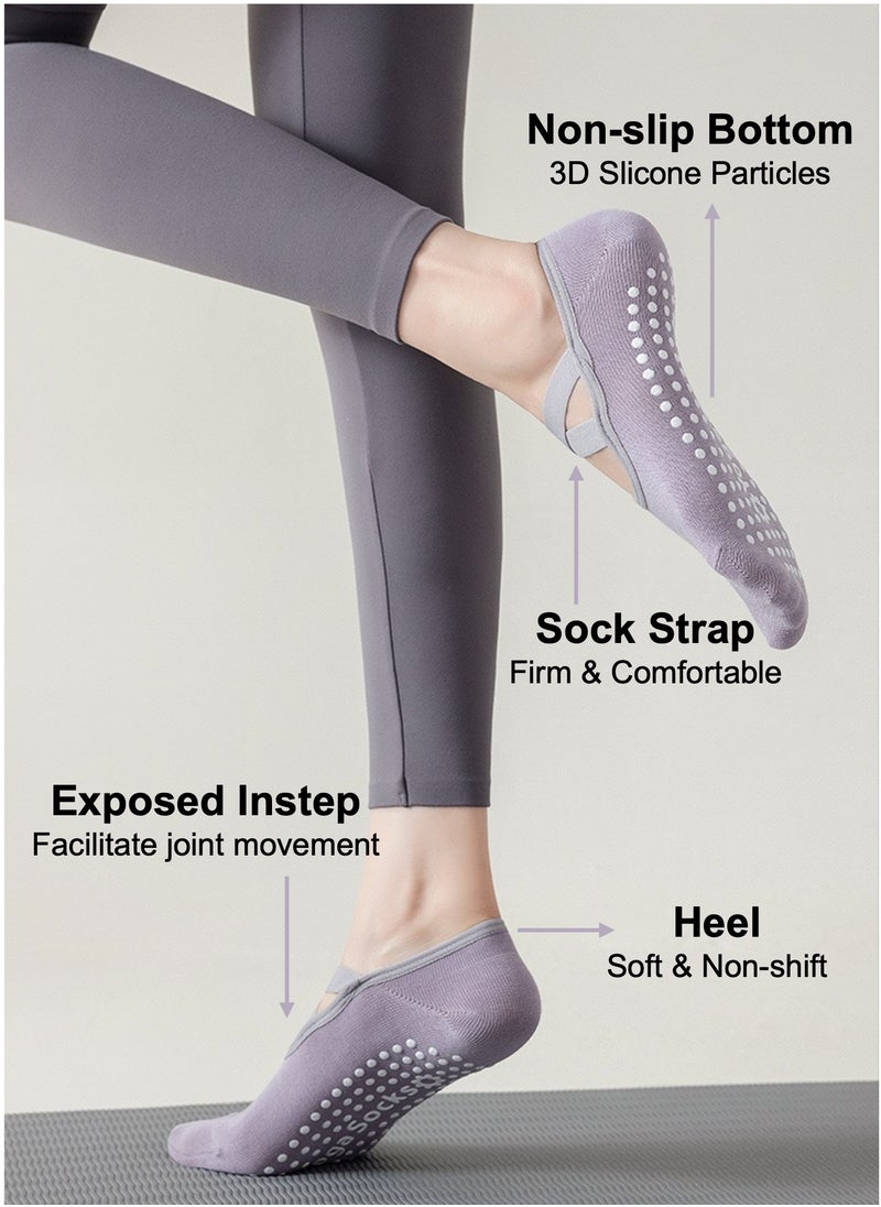 YooA 3-Pair Non-slip Yoga Socks, Cotton Pilates Socks with Straps, Breathable&Moisture-wicking&Machine-washable, Ideal for Yoga/Pilates/Ballet/Dance/Workout (Purple+Black+Grey)  - Image 2