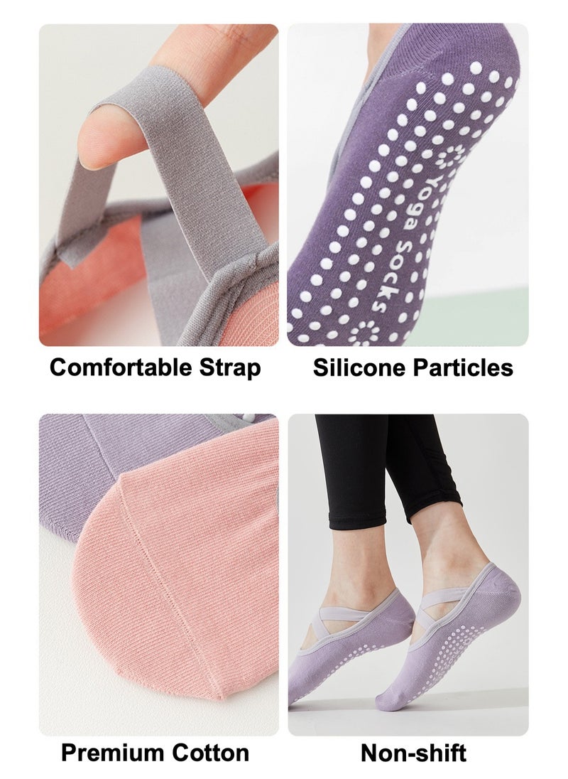 YooA 3-Pair Non-slip Yoga Socks, Cotton Pilates Socks with Straps, Breathable&Moisture-wicking&Machine-washable, Ideal for Yoga/Pilates/Ballet/Dance/Workout (Purple+Black+Grey)  - Image 4
