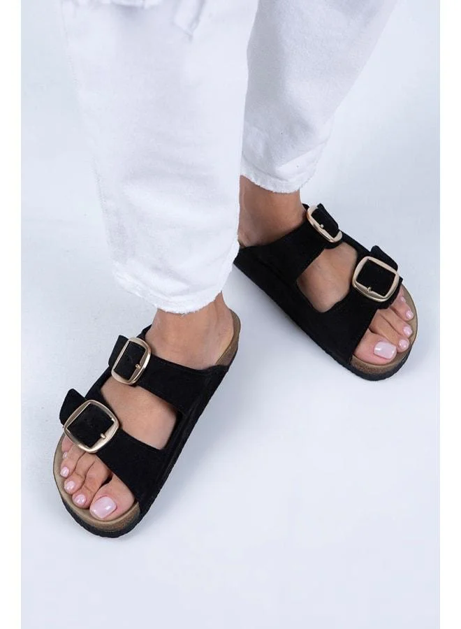 Irene Women's Genuine Leather Double Buckle Black Suede - Gold Slippers - Black