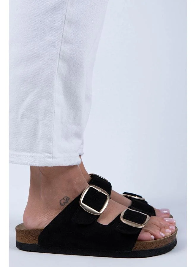 Manijero  Irene Women's Genuine Leather Double Buckle Black Suede - Gold Slippers - Black for Women | Best Price UAE