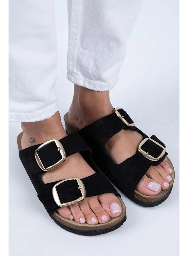 Manijero  Irene Women's Genuine Leather Double Buckle Black Suede - Gold Slippers - Black for Women | Best Price UAE