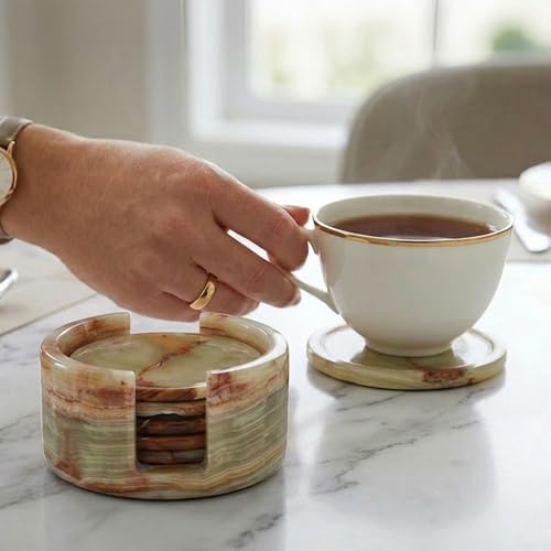 Radicaln Green Onyx Marble Coasters Set of 6 Handmade 35 Inches Round Drink Coasters Cup Coasters for Coffee Table Decor Ideal Stone Coasters with Holder for Dining Table - Image 3