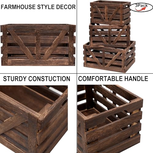 LYDWOO8D Wooden Storage Crates Nested Crates Set of 3 (Large,Medium,Small),Farmhouse Decorative Boxes with Handles for Home Organization,Display,Brown Wood Crates - Image 4
