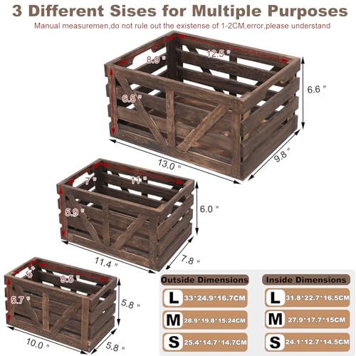 LYDWOO8D Wooden Storage Crates Nested Crates Set of 3 (Large,Medium,Small),Farmhouse Decorative Boxes with Handles for Home Organization,Display,Brown Wood Crates - Image 3