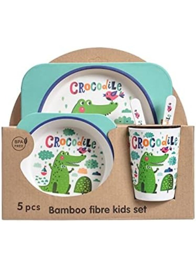 طقم أدوات مائدة من الخيزران 5 قطع للأطفال مع صور حيوانات لتدريب تناول الطعام: وعاء، كوب، ملعقة، صحن، شوكة