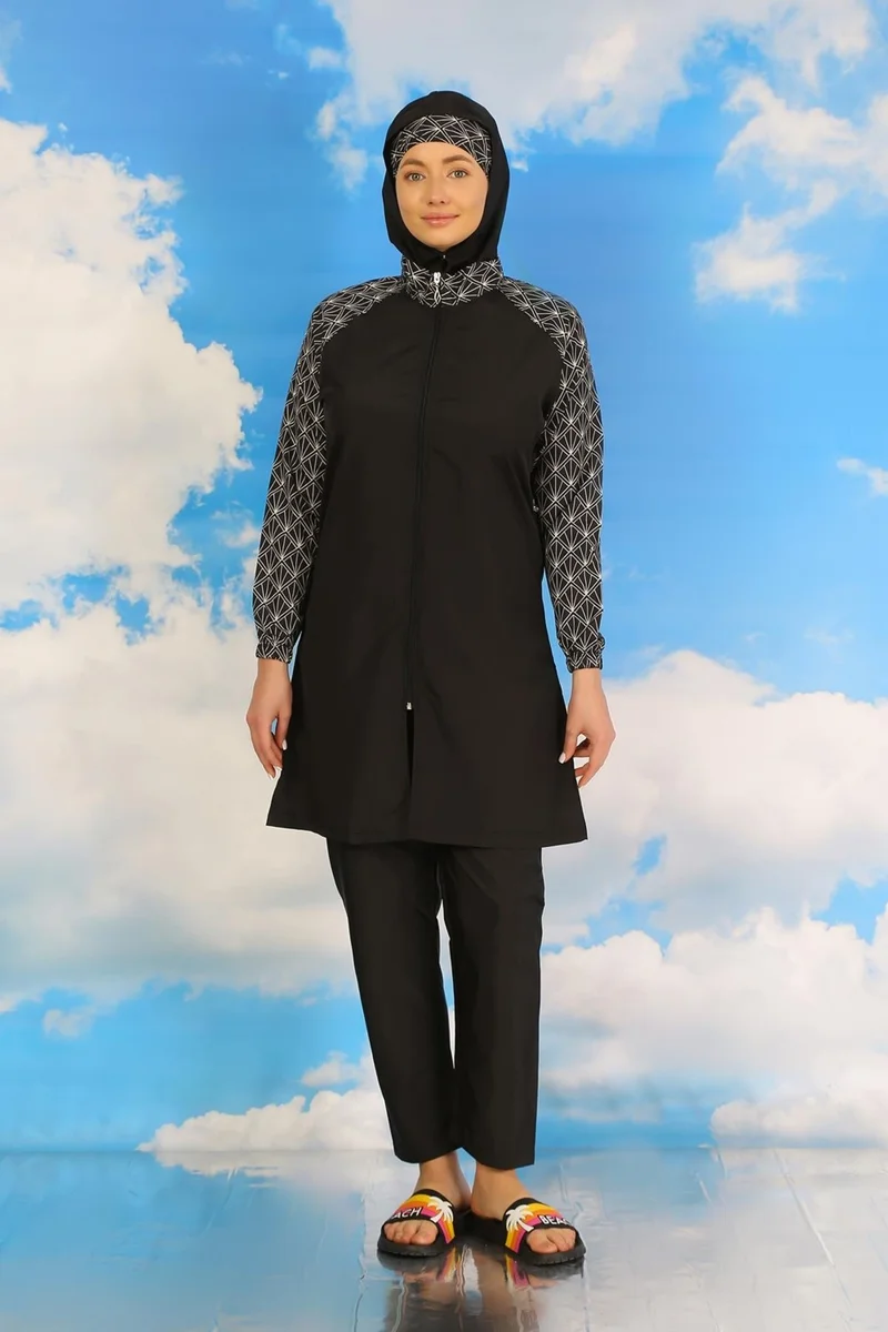 Akbeniz Women's Patterned Full Hijab Swimsuit with Trousers Black 31072